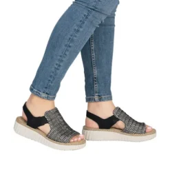 Rieker Black Wide Fit Woven Wedge Sandal||6927600